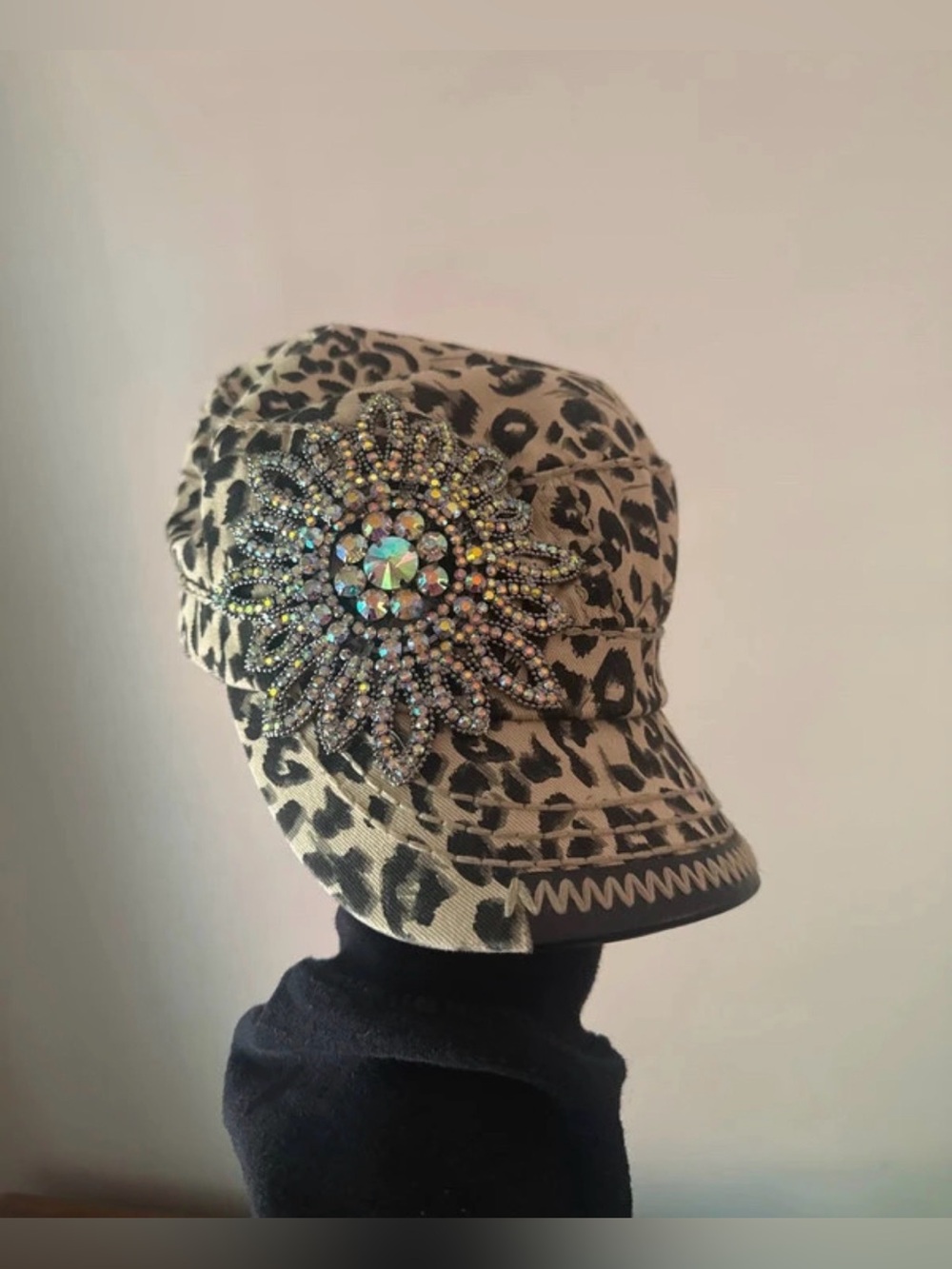Olive & Pique Leopard Print Embellished Hat
